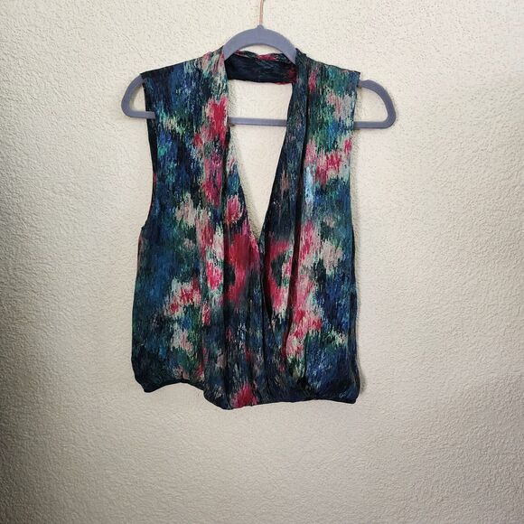 HAUTE HIPPIE 100% Silk Wrap Blouse Abstract Floral Multi HH Tank Women's S $179 - Picture 10 of 10